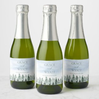 Etiquetas Para Vinos Espumosos Boda Elegante de Invierno con Pinos Verdes Nevados