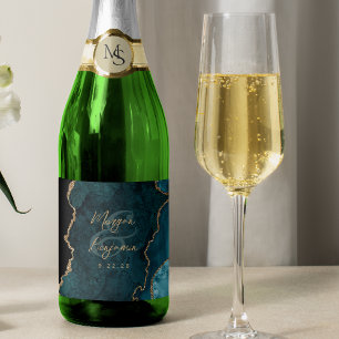 Etiquetas Para Vinos Espumosos Boda Escritura Dorada Ágata Azul Verde