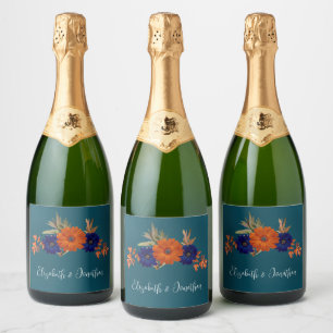 Etiquetas Para Vinos Espumosos Boda floral azul de la Marina Naranja de otoño rus