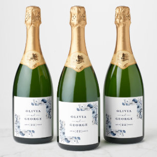 Etiquetas Para Vinos Espumosos Boda floral elegante azul marino