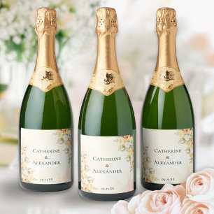 Etiquetas Para Vinos Espumosos Boda Floral Rústica Rosas Acuarela Personalizadas