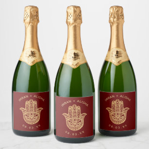 Etiquetas Para Vinos Espumosos Boda indio Gold hamsa Henna burgundy