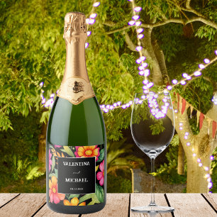 Etiquetas Para Vinos Espumosos Boda mexicano de la Fiesta floral negra colorida