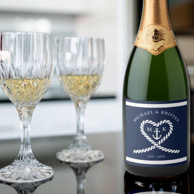 Etiquetas Para Vinos Espumosos Boda Monograma del Ancla del Corazón Azul Náutico (Nautical Blue Rope Heart Anchor Monogram Wedding Sparkling Wine Label)