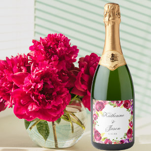 Etiquetas Para Vinos Espumosos Boda personalizado de la Moda floral rosa de Fuchs