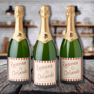 Etiquetas Para Vinos Espumosos Bodas Retro Minimalistas con Rayas de Marfil Rojo