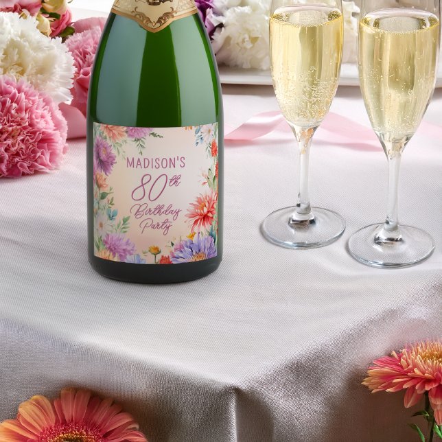 Etiquetas Para Vinos Espumosos Boho Aster Flowers Floral 80th Birthday Party (Boho Aster Flowers Floral 80th Birthday Party Sparkling Wine Label)