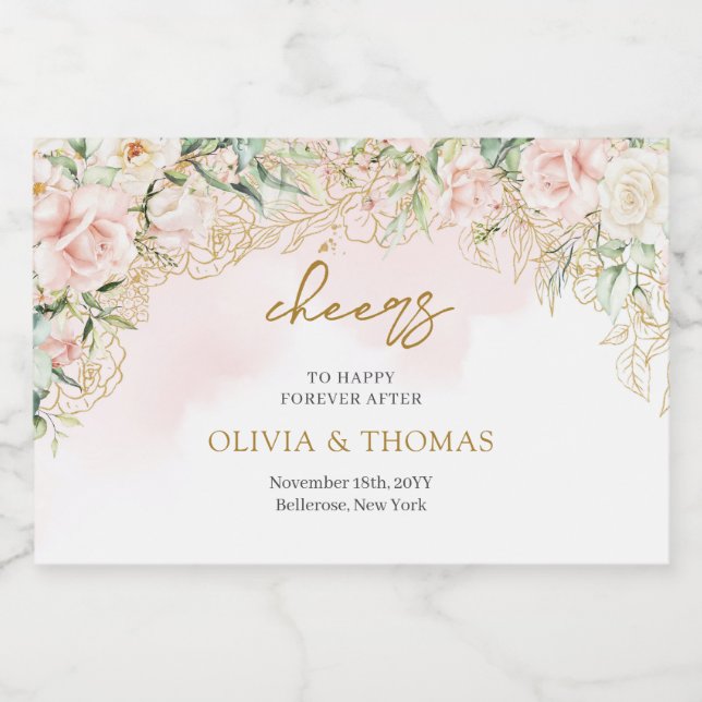 Etiquetas Para Vinos Espumosos Boho Rubor boda dorado de eucalipto floral rosa (Etiqueta única)