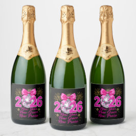 Etiquetas Para Vinos Espumosos Bola de Disco Rosa 2026 con Fuegos Artificiales y 