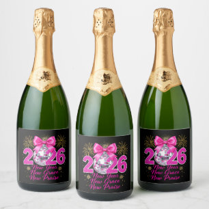 Etiquetas Para Vinos Espumosos Bola de Disco Rosa 2026 con Fuegos Artificiales y