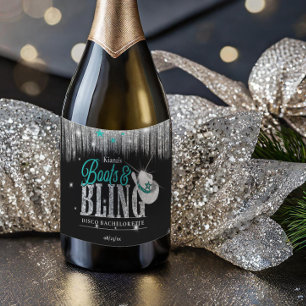 Etiquetas Para Vinos Espumosos Boots 'n Bling Disco Bachelorette ID Verde azulado