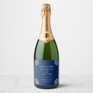Etiquetas Para Vinos Espumosos Bordado Floral Elegante en Azul Marino para Bodas