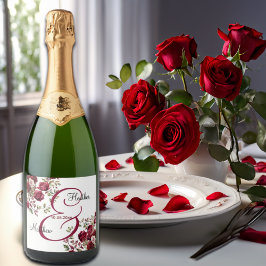 Etiquetas Para Vinos Espumosos Borgoña Floral Moderno Boda de escritura