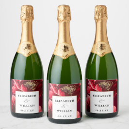 Etiquetas Para Vinos Espumosos Borgoña Red Gold Floral Elegante Boda moderno