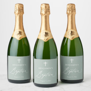 Etiquetas Para Vinos Espumosos Botella de vino espumoso de bautizo con cruz verde