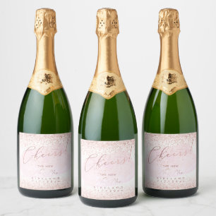Etiquetas Para Vinos Espumosos Brillo de Rosa Dorado Falso con Acuarela Rosa Chee