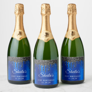 Etiquetas Para Vinos Espumosos Brillos Negros que Gotean Azul Real Glam 21 Cumple