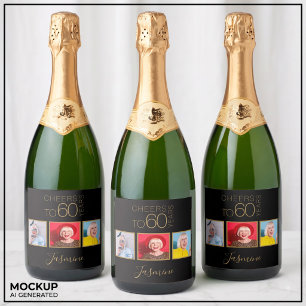 Etiquetas Para Vinos Espumosos Brindis por 60 años 3 Fotos Negro Oro Elegante