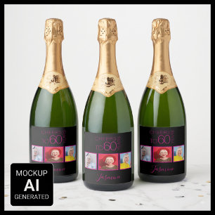 Etiquetas Para Vinos Espumosos Brindis por 60 años 3 Fotos Negro Rosa Elegante