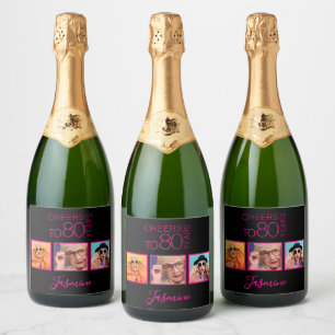 Etiquetas Para Vinos Espumosos Brindis por 80 años 3 Fotos Negro Rosa Elegante