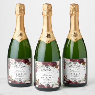 Etiquetas Para Vinos Espumosos Burgundy Rubor Floral Boda Butterflies Gold