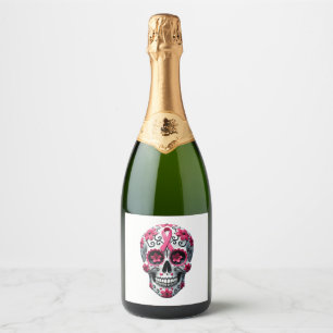 Etiquetas Para Vinos Espumosos Calavera de azúcar de lazo rosa Conciencia del cán