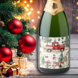 Etiquetas Para Vinos Espumosos Camión rojo con regalos y muñeco de nieve