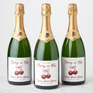 Etiquetas Para Vinos Espumosos Cherry Moderna en la Parte Superior con Lazo Rosa 