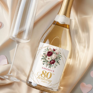 Etiquetas Para Vinos Espumosos Chic Floral Rubor Burdeos Champán 80 Cumpleaños
