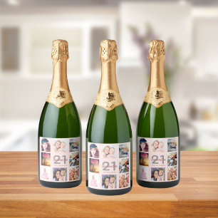 Etiquetas Para Vinos Espumosos Collage de fotos de rosa de oro fiesta de 21 años