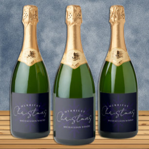 Etiquetas Para Vinos Espumosos Copos de Nieve Navidad Más Alegre Azul Marino