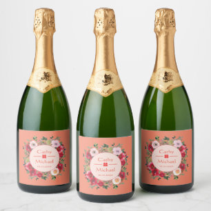 Etiquetas Para Vinos Espumosos Corona floral de círculo naranja boda china modern