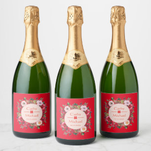 Etiquetas Para Vinos Espumosos Corona floral de círculo rojo boda china moderna