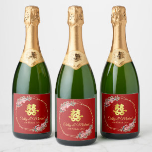 Etiquetas Para Vinos Espumosos Corona floral geométrica de oro rojo boda china