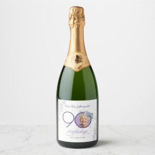 Etiquetas Para Vinos Espumosos Cumpleaños 90 Personalizado con Foto Floral Morado