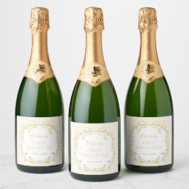 Etiquetas Para Vinos Espumosos Cumpleaños con lazo amarillo y rayas florales