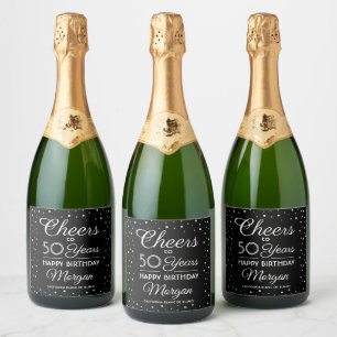 Etiquetas Para Vinos Espumosos Cumpleaños Feliz Confeti Elegante Negro y Blanco