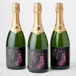 Etiquetas Para Vinos Espumosos Cumpleaños Glittery Pink Black Chic 50 & Fabuloso