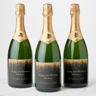 Etiquetas Para Vinos Espumosos Cumpleaños Personalizado Negro Dorado con Glitter 