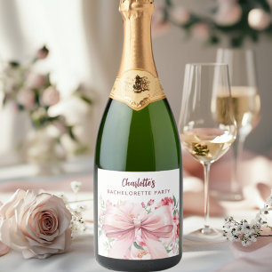 Etiquetas Para Vinos Espumosos Despedida de soltera con flores rosadas en lazo