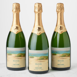 Etiquetas Para Vinos Espumosos Destino de Boda Costera en la Playa con Acuarela