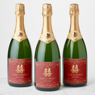 Etiquetas Para Vinos Espumosos Doble xi de boda chino con borde floral de oro roj