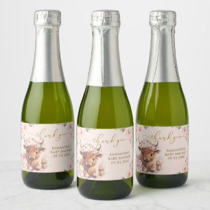 Etiquetas Para Vinos Espumosos Ducha de Bebé Vaca Highland Esponjosa Floral Rosa