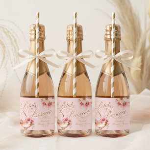 Etiquetas Para Vinos Espumosos Ducha de Novia con Pétalos de Oro Rosa y Prosecco