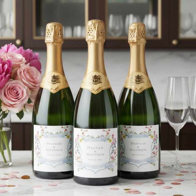 Etiquetas Para Vinos Espumosos Elegant Dusty Blue Pastel Wildflower Crest Wedding (Subido por el creador)