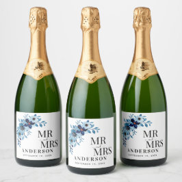 Etiquetas Para Vinos Espumosos elegant dusty Blue watercolor flower bouquet