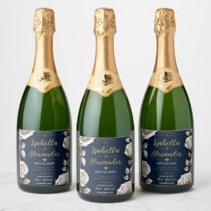 Etiquetas Para Vinos Espumosos Elegant White and Gold Rose on Navy Blue 