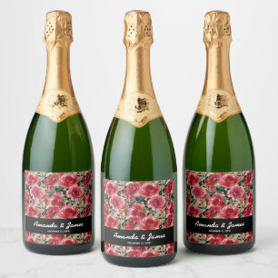 Etiquetas Para Vinos Espumosos Elegante acuarela Color Rojo Flores Boda Negro