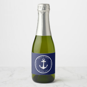 Etiquetas Para Vinos Espumosos Elegante Ancla Boda Náutica Azul Marino y Blanco 