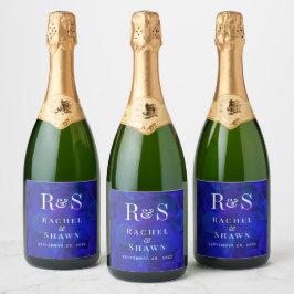 Etiquetas Para Vinos Espumosos Elegante Azul Real Chic Moderno Monograma Boda